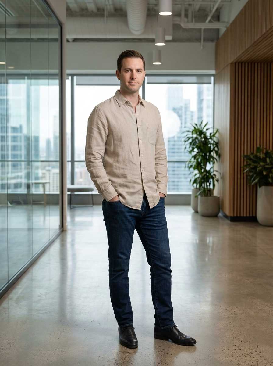 Man in beige linen shirt and jeans