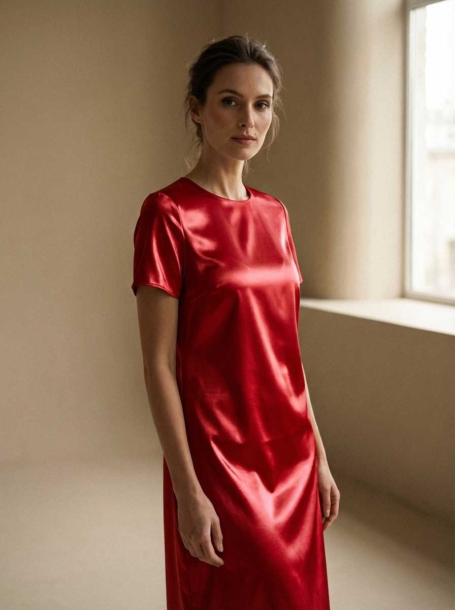 AI clothes swapper - cotton dress to red satin gown