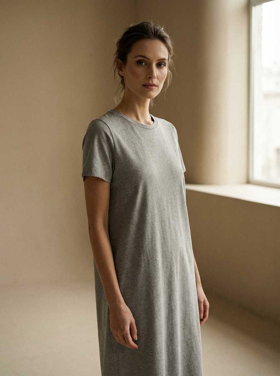 Fashion model in grey cotton dress
