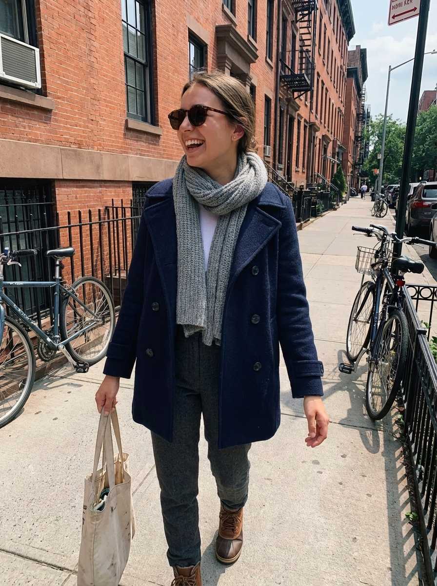 AI outfit changer - summer clothes to navy winter puffer jacket